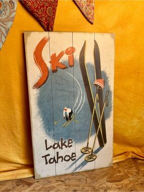 Lake Tahoe Ski Vintage-Style Wood Wall Art in Orange, Blue, Black